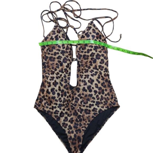 NEW One Piece Plunge Strappy Criss Cross Tie Leopard Print Swimsuit Women's L - Picture 5 of 7